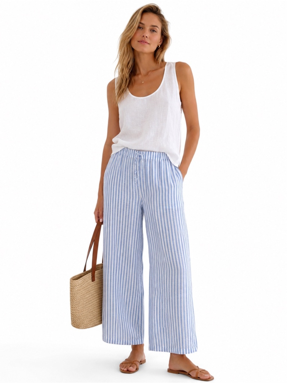 VINEYARD VINES 100% Linen Wide Leg Pants Size M Blue White Stripe Coastal